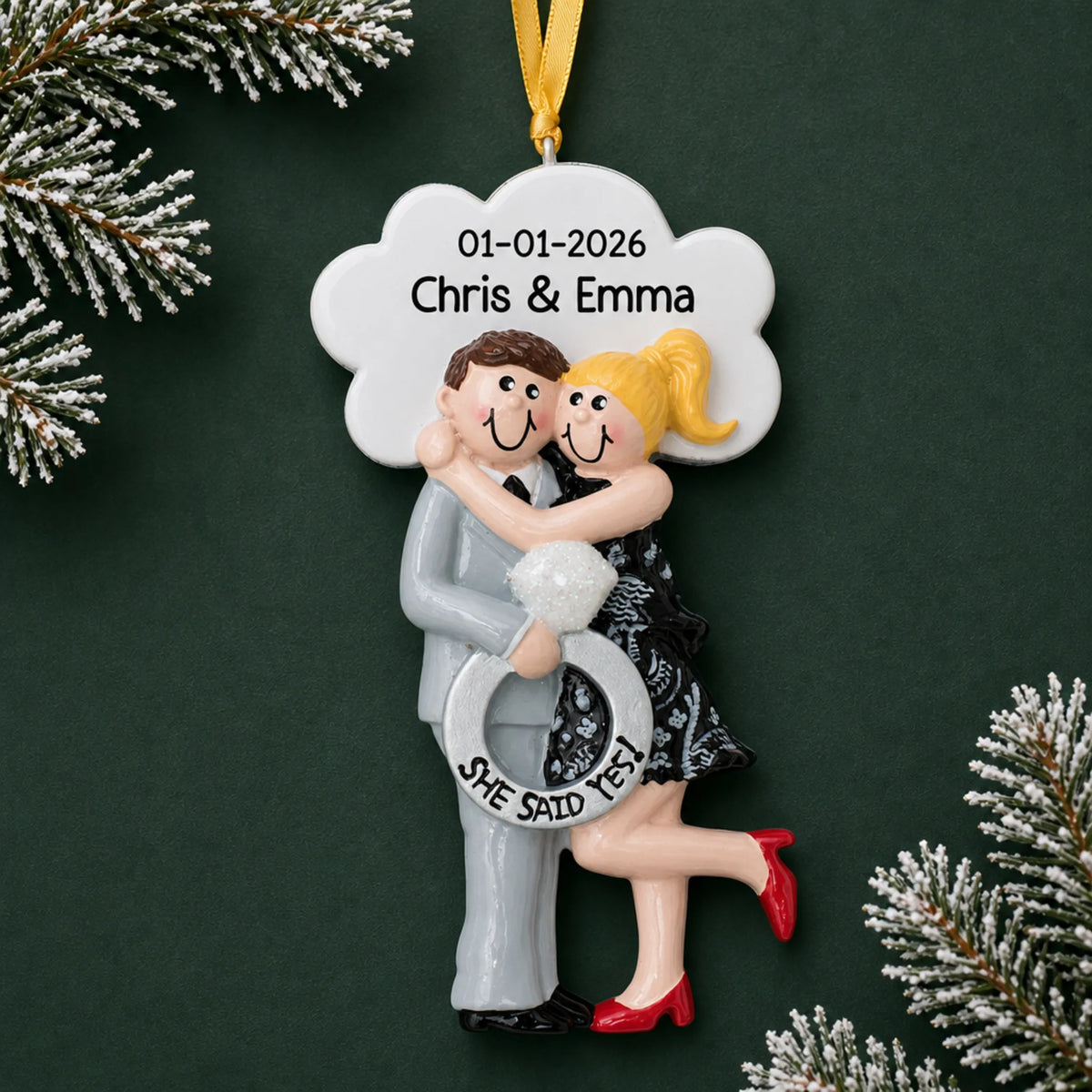 Personalized She Said Yes blonde couple Christmas ornament with a hugging blonde engaged couple, ring, names and date