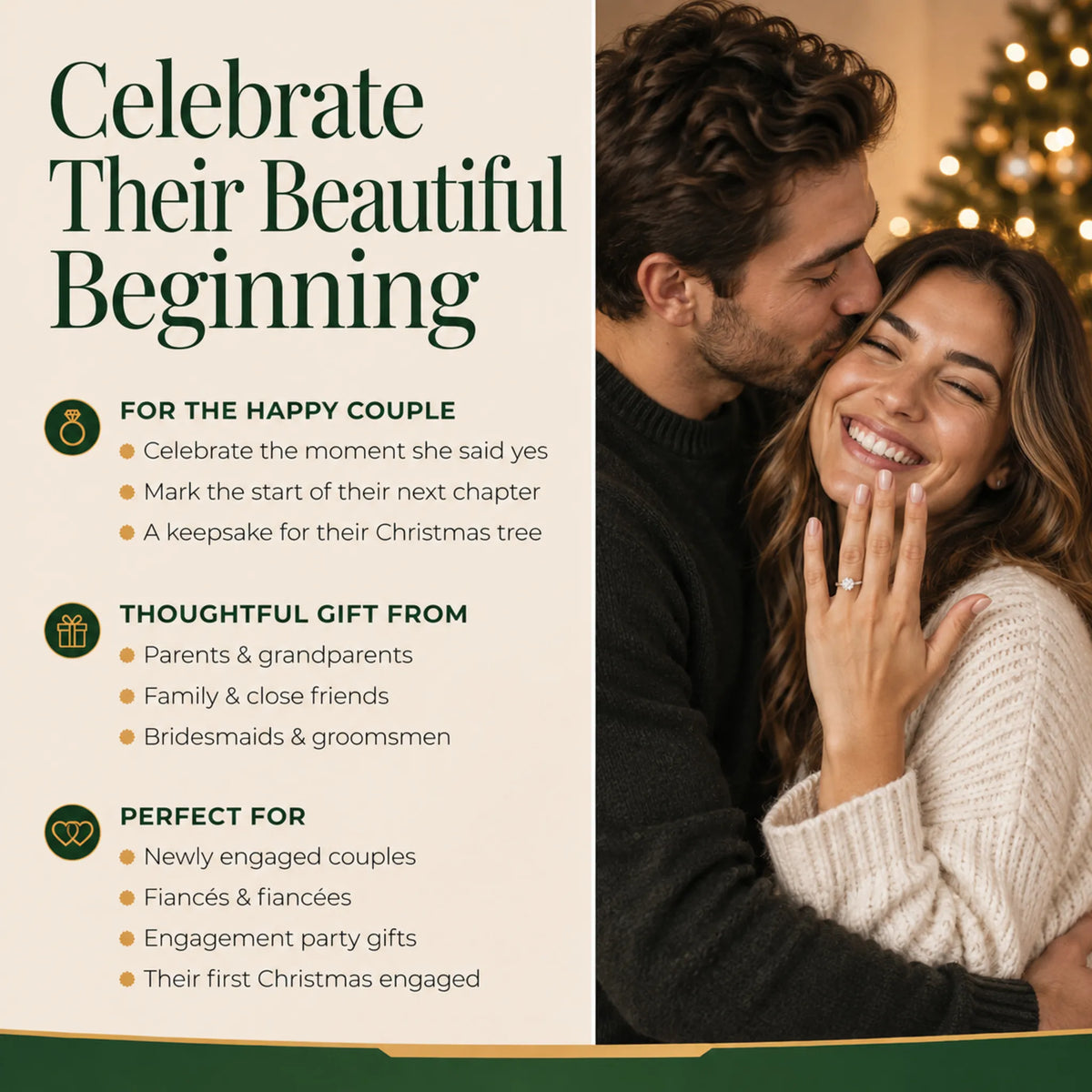 Newly engaged couple embracing, who the personalized She Said Yes blonde couple Christmas ornament is made for