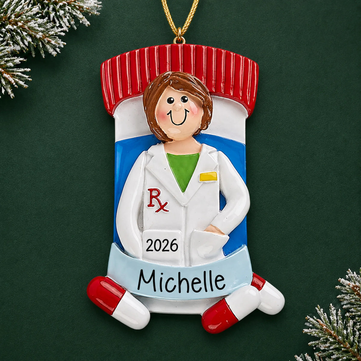 Personalized pharmacist woman christmas ornament on a dark green pine background