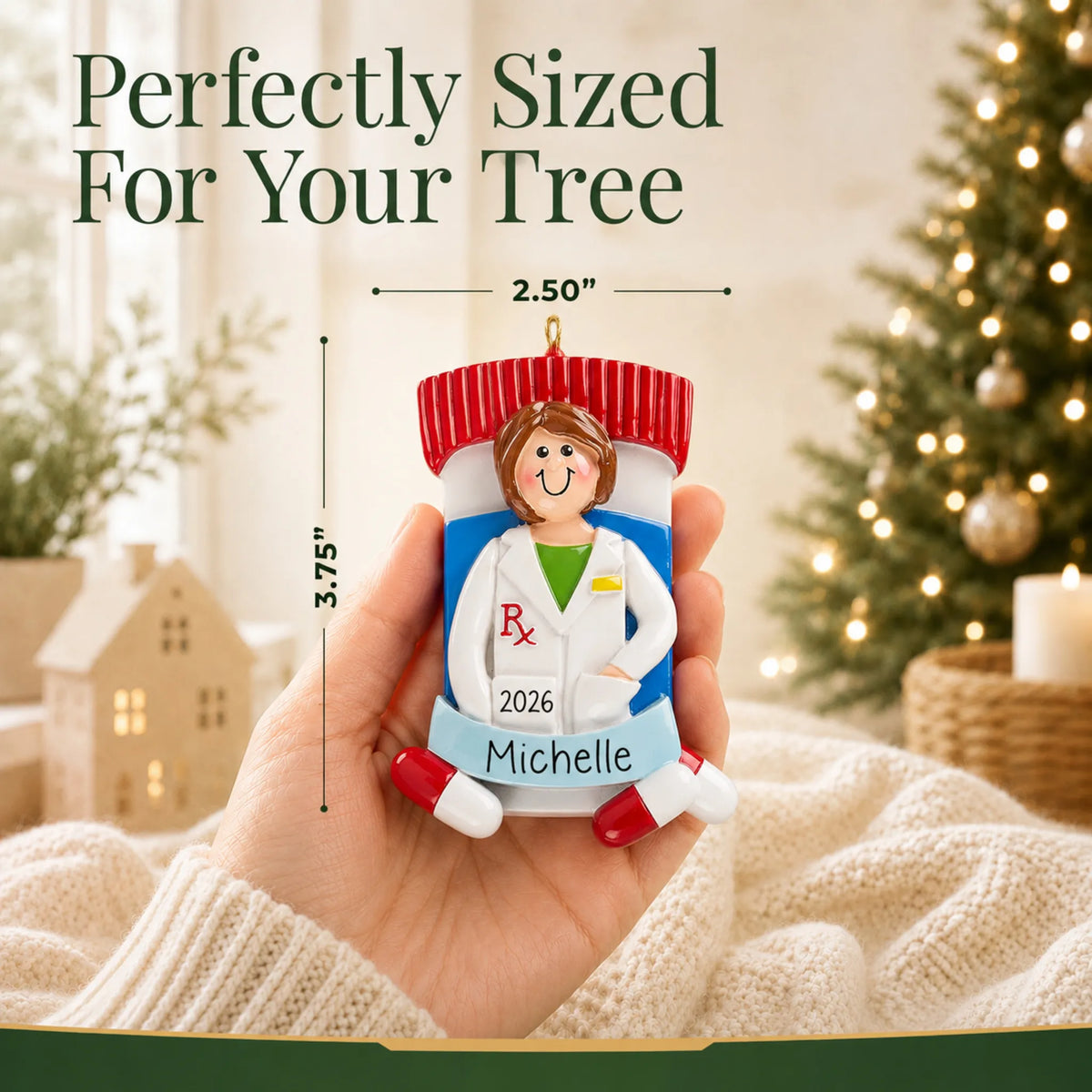 Size guide: the personalized pharmacist woman christmas ornament is 2.50 in wide by 3.75 in tall, shown in hand