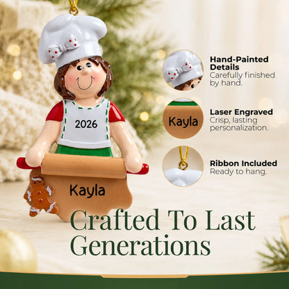 Hand-painted details and laser engraved personalization on the baking christmas ornament, ribbon included