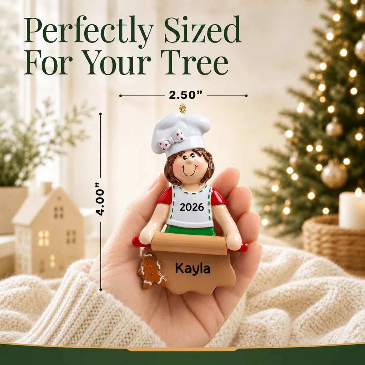 Size guide: the personalized baking christmas ornament is 2.50 in wide by 4.00 in tall, shown in hand