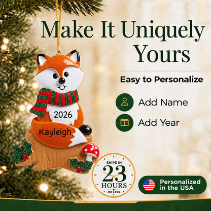 Make it yours: add a name and year to the personalized fox christmas ornament