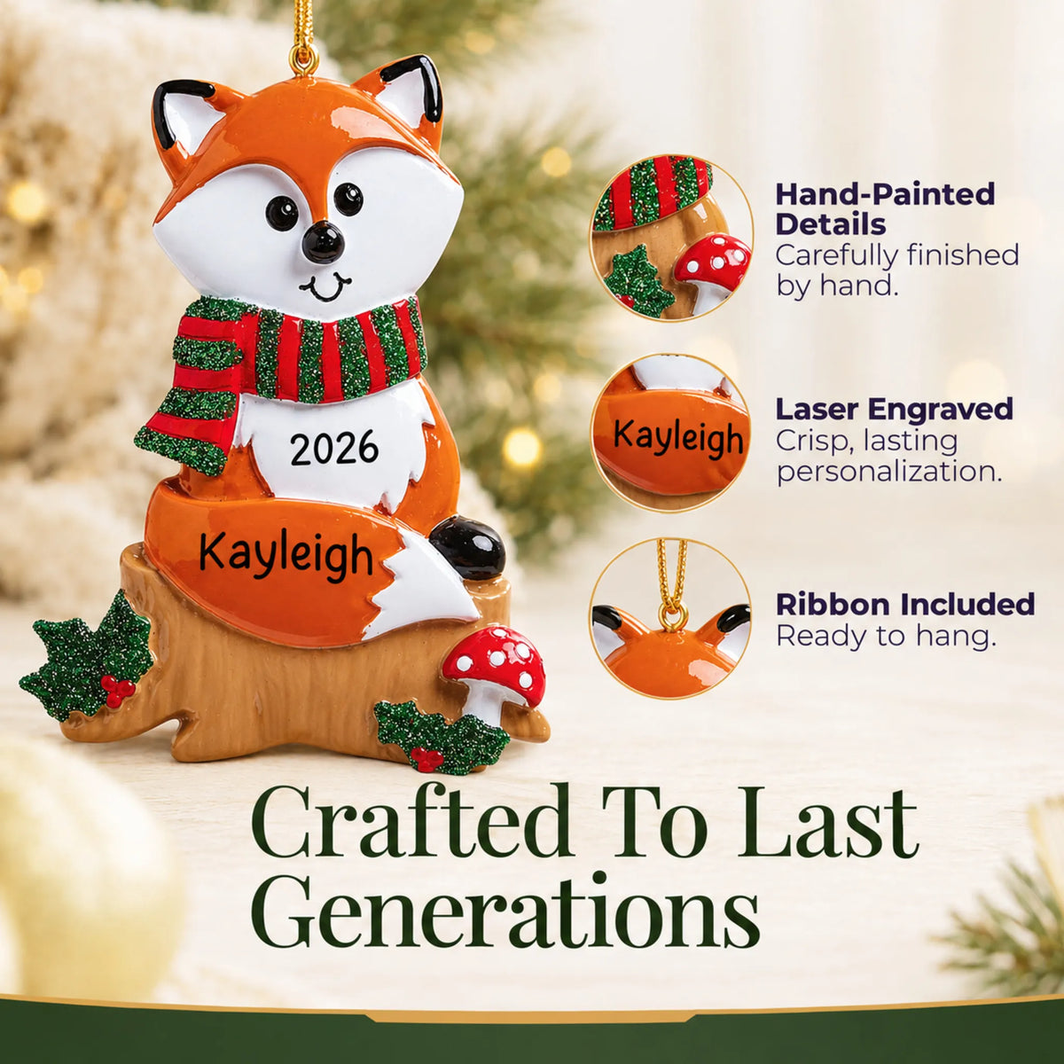Hand-painted details and laser engraved personalization on the fox christmas ornament, ribbon included