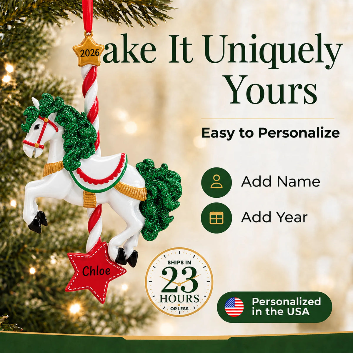 Make it yours: add name and year to the personalized carousel horse christmas ornament