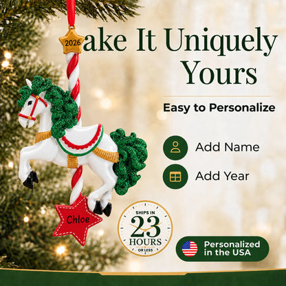 Make it yours: add name and year to the personalized carousel horse christmas ornament