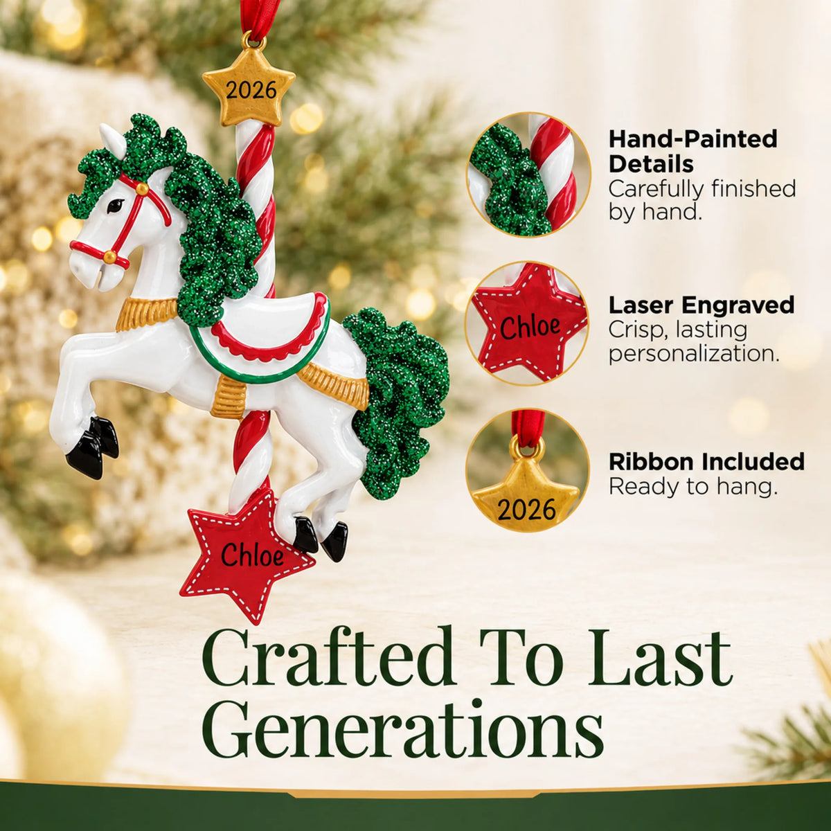 Hand-painted details and laser engraved personalization on the carousel horse christmas ornament, ribbon included