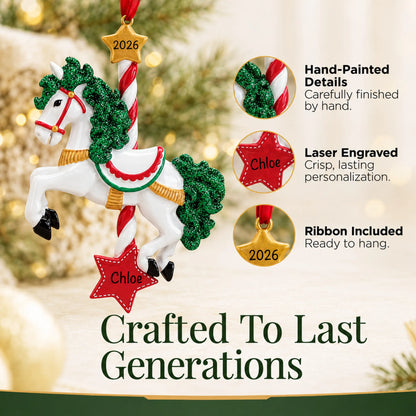 Hand-painted details and laser engraved personalization on the carousel horse christmas ornament, ribbon included