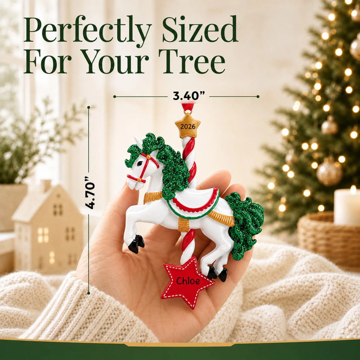 Size guide: the personalized carousel horse christmas ornament is 3.40 in wide by 4.70 in tall, shown in hand