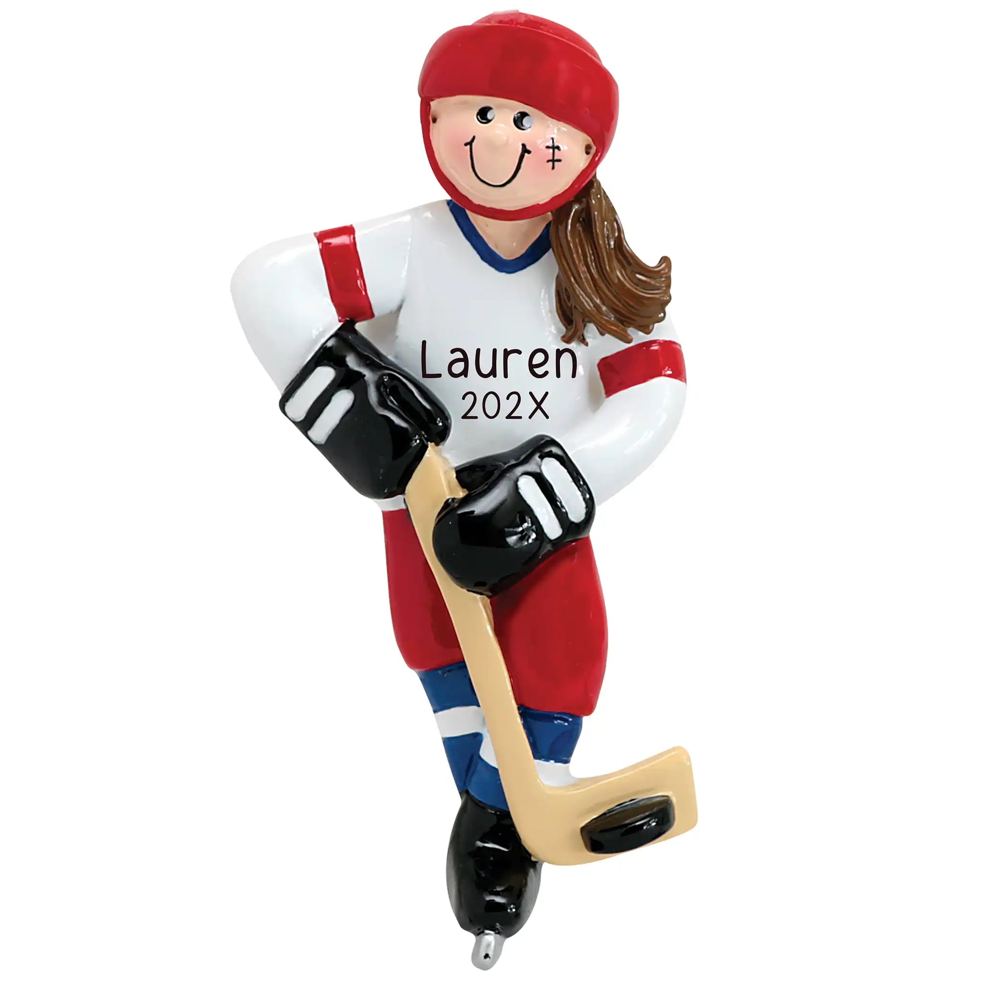 Girl hockey player Christmas ornament personalized with name and year, wearing red and white gear and holding hockey stick