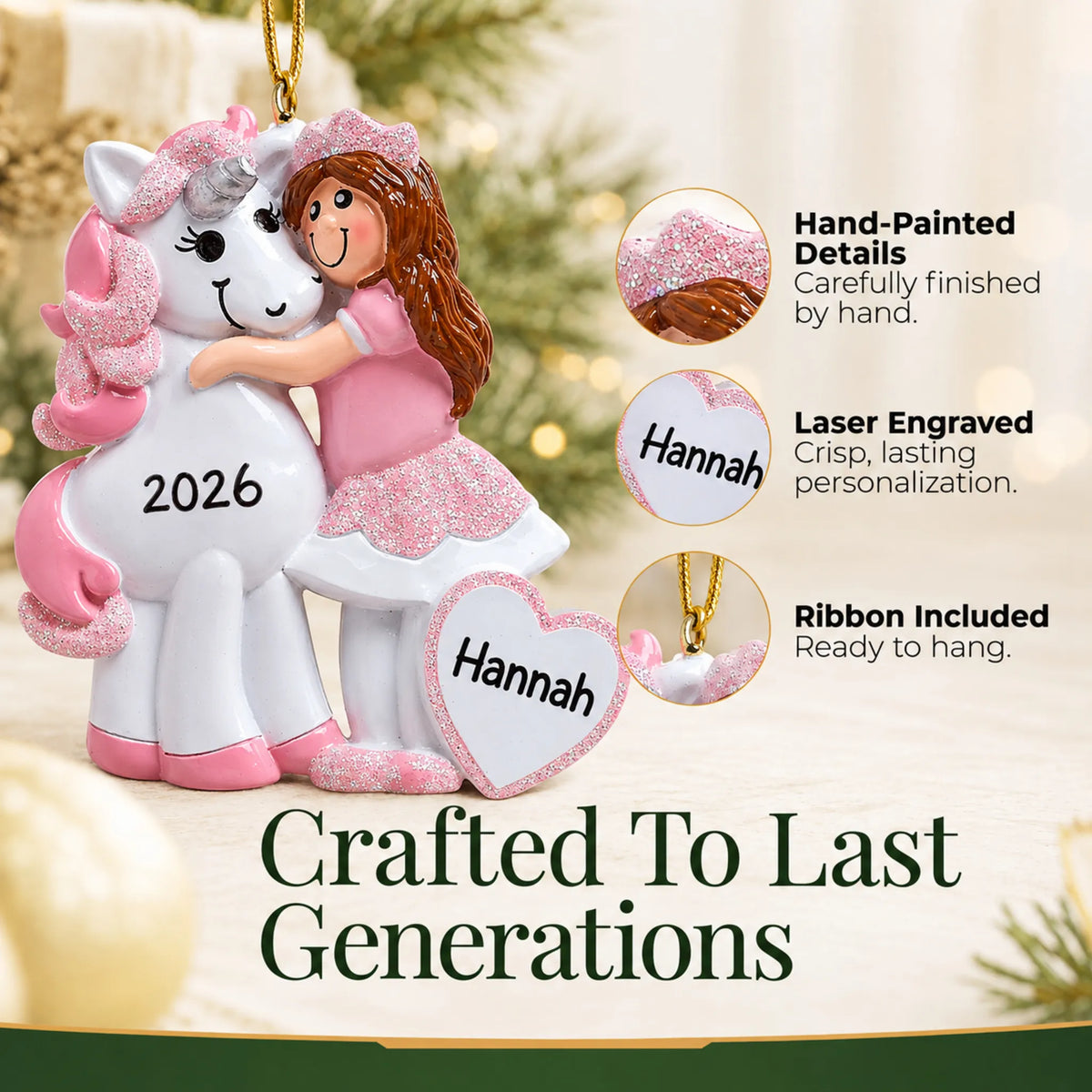 Hand-painted details and laser engraved personalization on the princess & unicorn christmas ornament, ribbon included