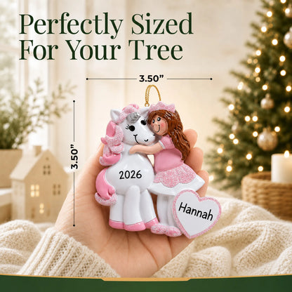 Size guide: the personalized princess & unicorn christmas ornament is 3.50 in wide by 3.50 in tall, shown in hand
