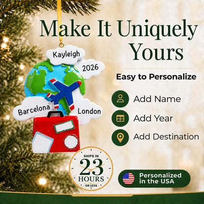 Make it yours: add name, year and destinations to the personalized world traveler christmas ornament