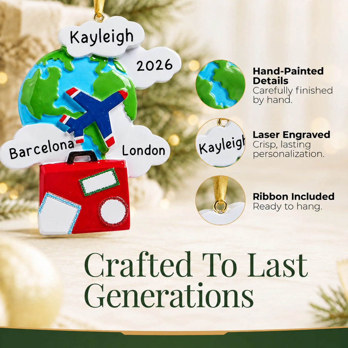Hand-painted details and laser engraved personalization on the world traveler christmas ornament, ribbon included