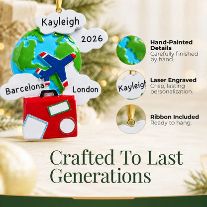 Hand-painted details and laser engraved personalization on the world traveler christmas ornament, ribbon included