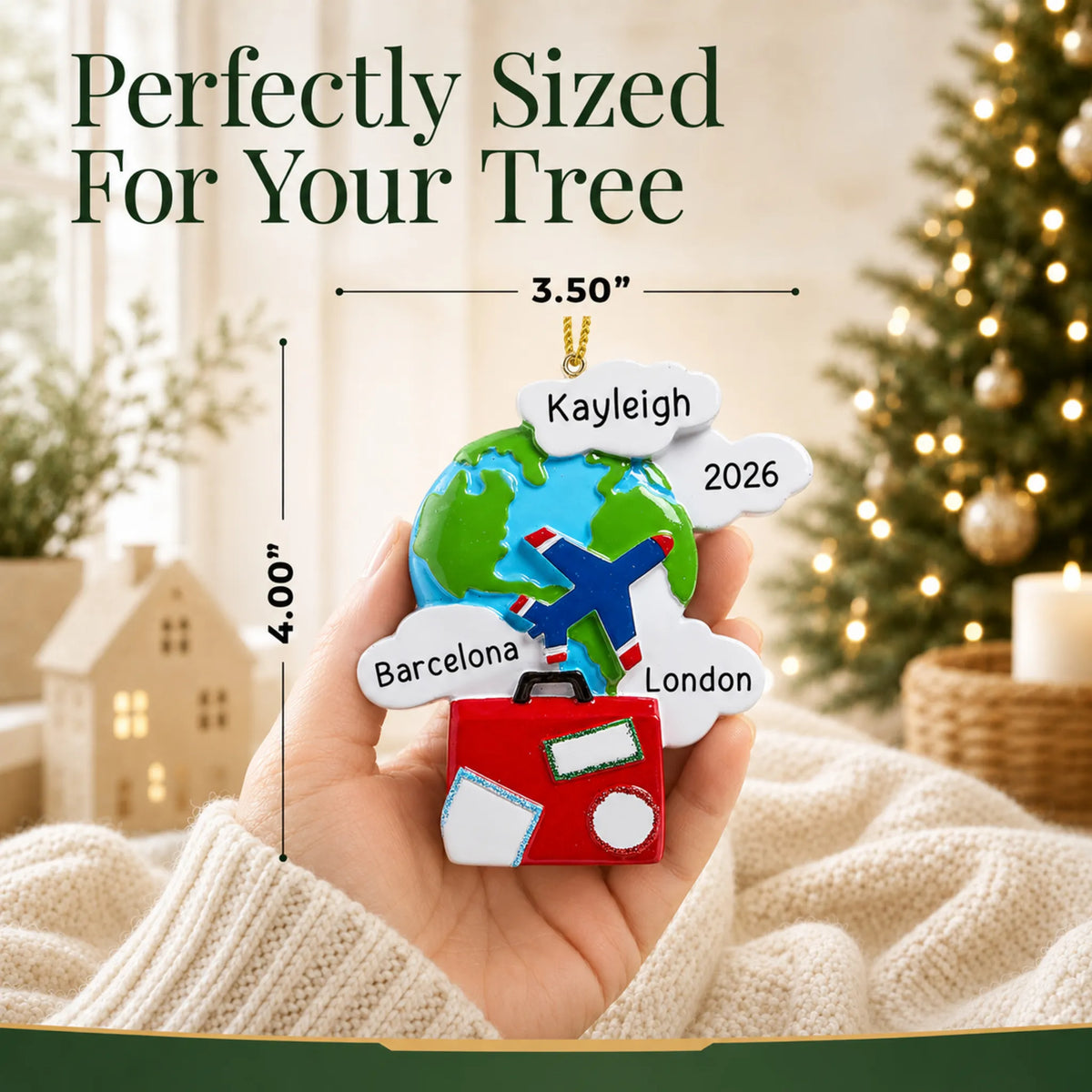 Size guide: the personalized world traveler christmas ornament is 3.50 in wide by 4.00 in tall, shown in hand