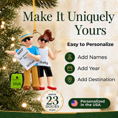 Make it yours: add names, year and destination to the personalized travel couple christmas ornament