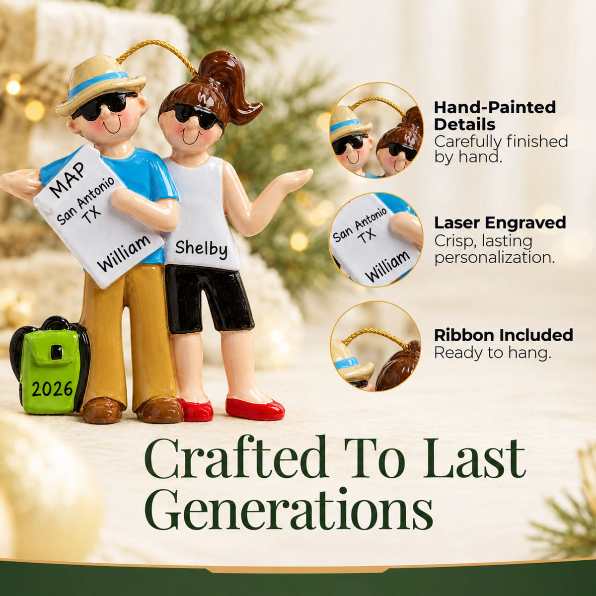 Hand-painted details and laser engraved personalization on the travel couple christmas ornament, ribbon included