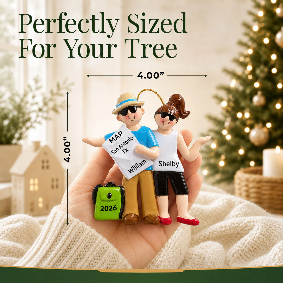 Size guide: the personalized travel couple christmas ornament is 4.00 in wide by 4.00 in tall, shown in hand