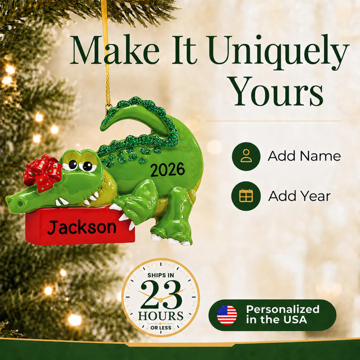 Make it yours: add a name and year to the personalized alligator christmas ornament