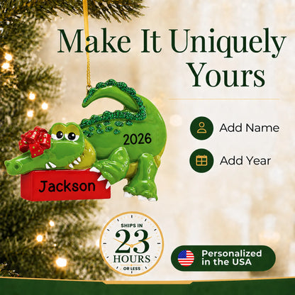 Make it yours: add a name and year to the personalized alligator christmas ornament