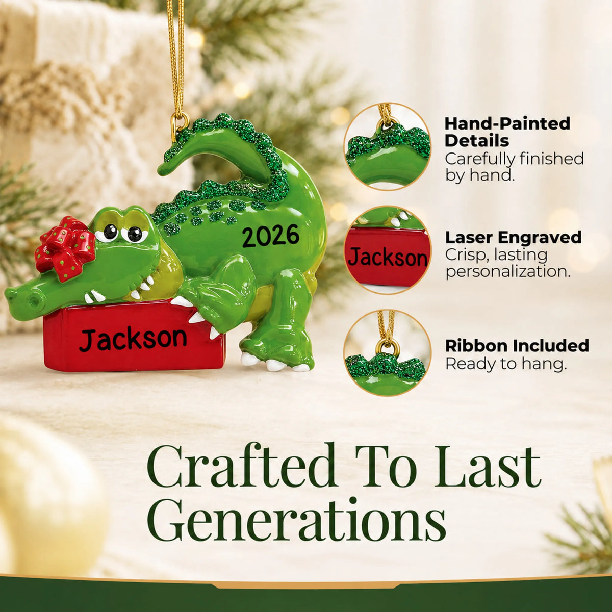 Hand-painted details and laser engraved personalization on the alligator christmas ornament, ribbon included