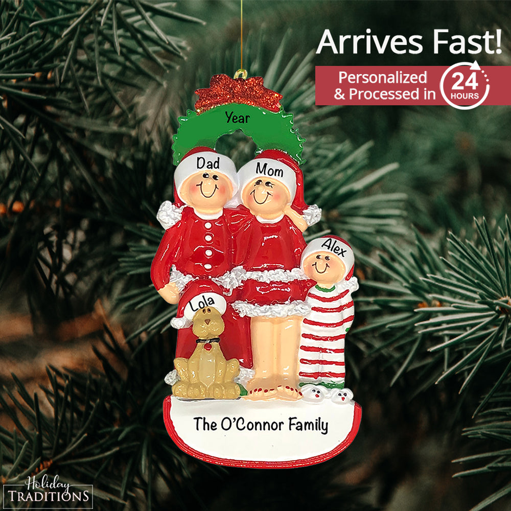 Christmas Family of 3 with Dog Christmas Ornament