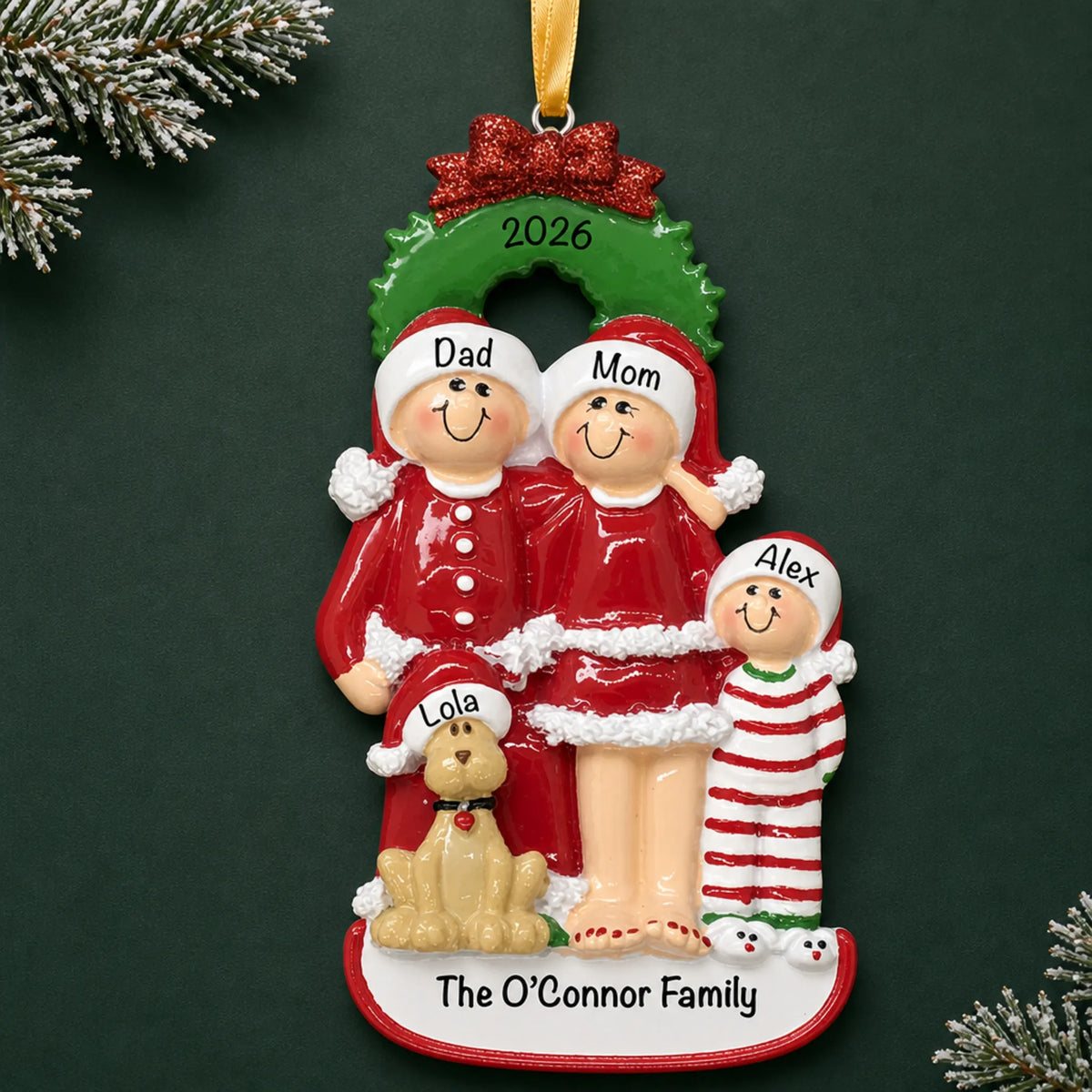 Personalized family of 3 with dog christmas ornament on a dark green pine background