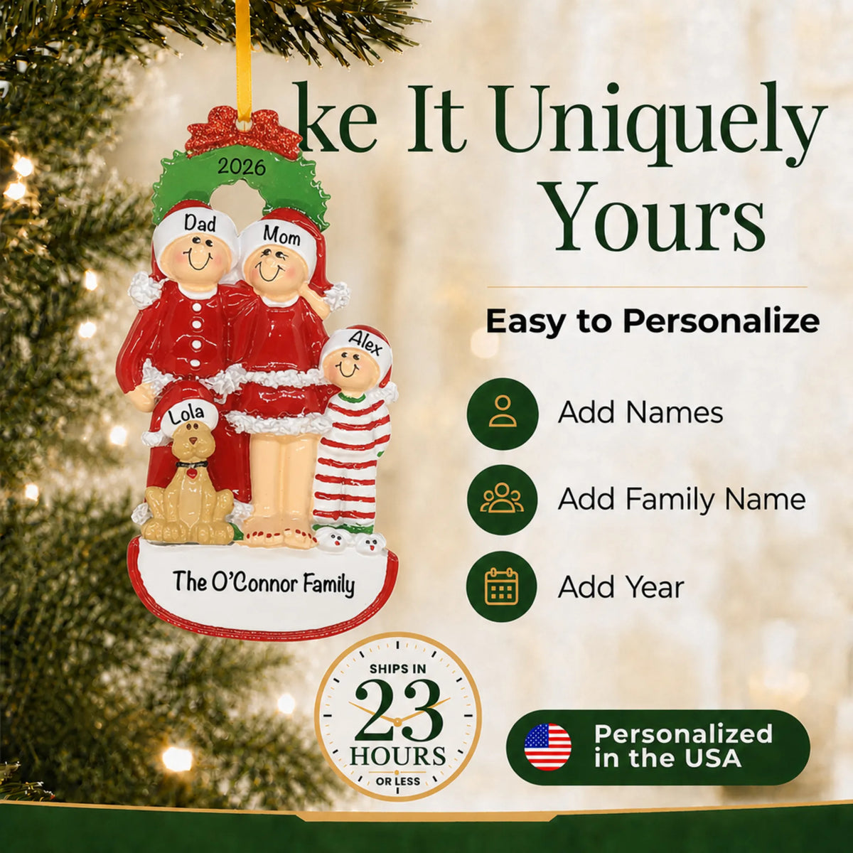 Make it yours: add names and year to the personalized family of 3 with dog christmas ornament