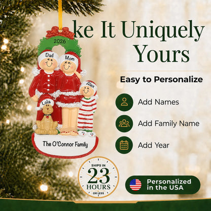 Make it yours: add names and year to the personalized family of 3 with dog christmas ornament