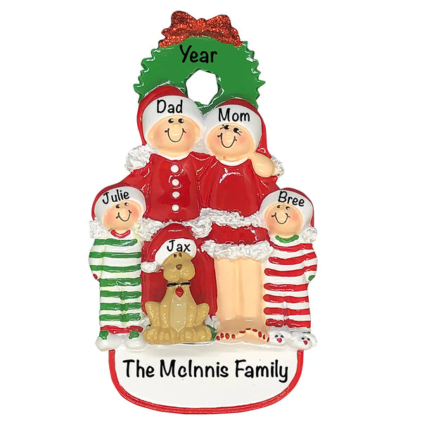 Adorno navideño personalizado de familia de 4 con perro
