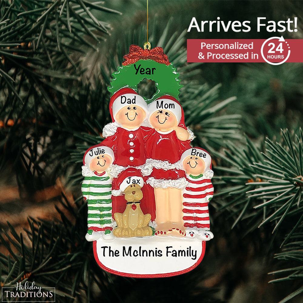 Christmas Family of 4 with Dog Personalized Ornament