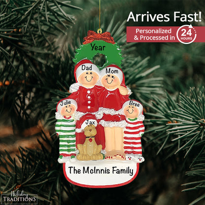 Christmas Family of 4 with Dog Personalized Ornament