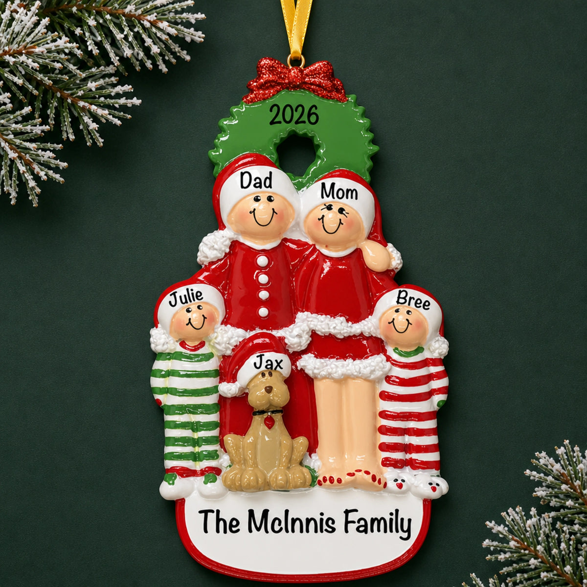 Personalized family of 4 with dog Christmas ornament with hand-painted figures, family name and 2026