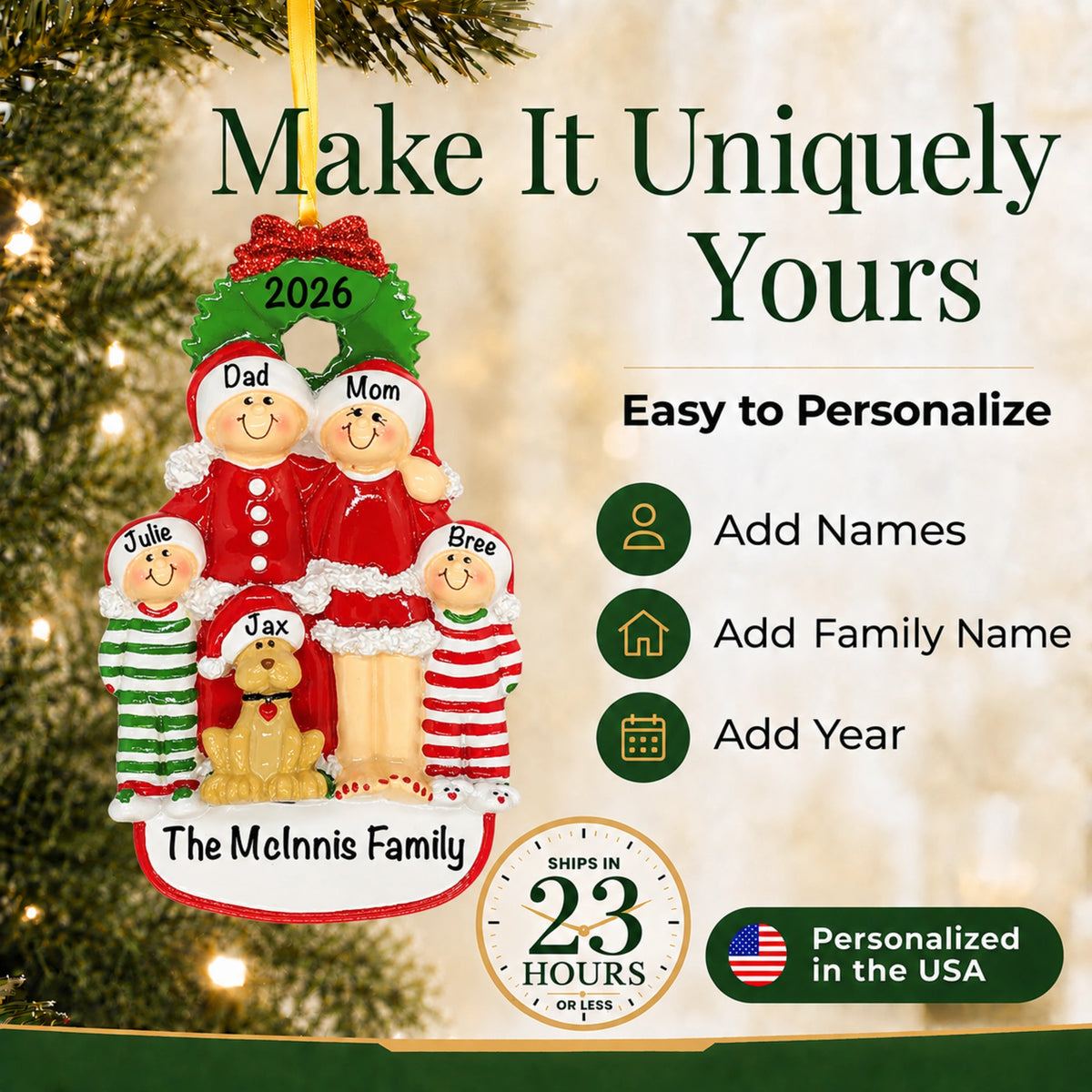 Family of 4 with dog Christmas ornament, easy to personalize with names, family name and year