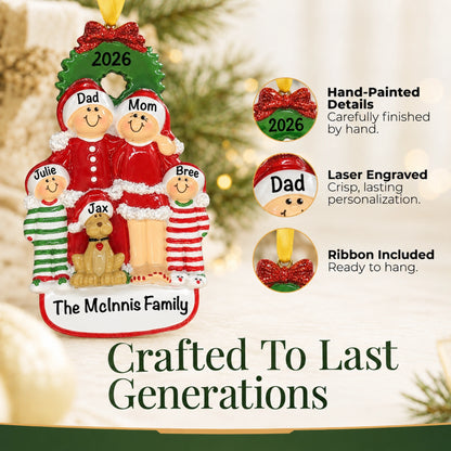 Hand-painted, laser-engraved family of 4 with dog ornament crafted to last generations