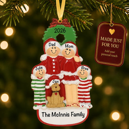 Personalized family of 4 with dog ornament hanging on a tree with Made Just For You tag