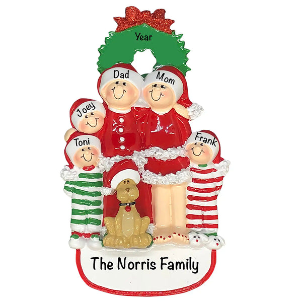 Adorno navideño de familia de 5 con perro
