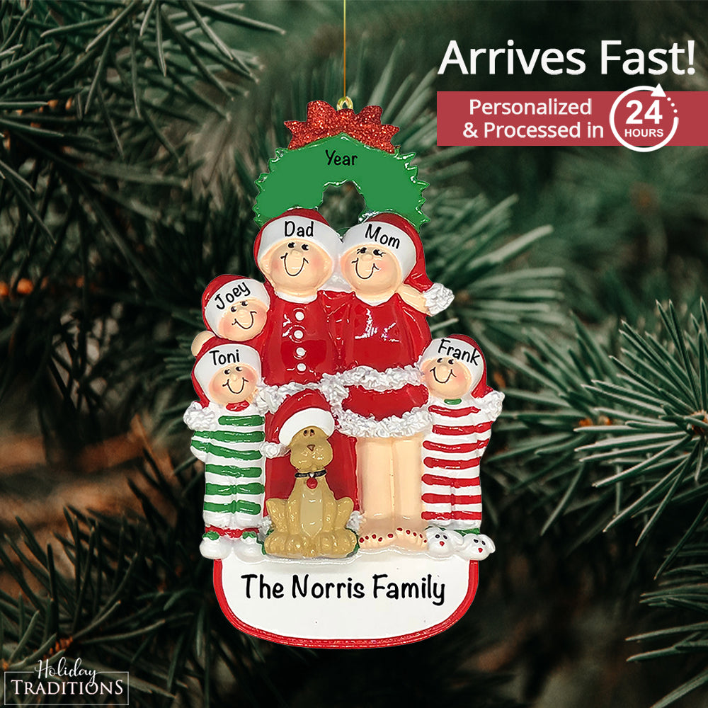 Christmas Family of 5 with Dog Christmas Ornament