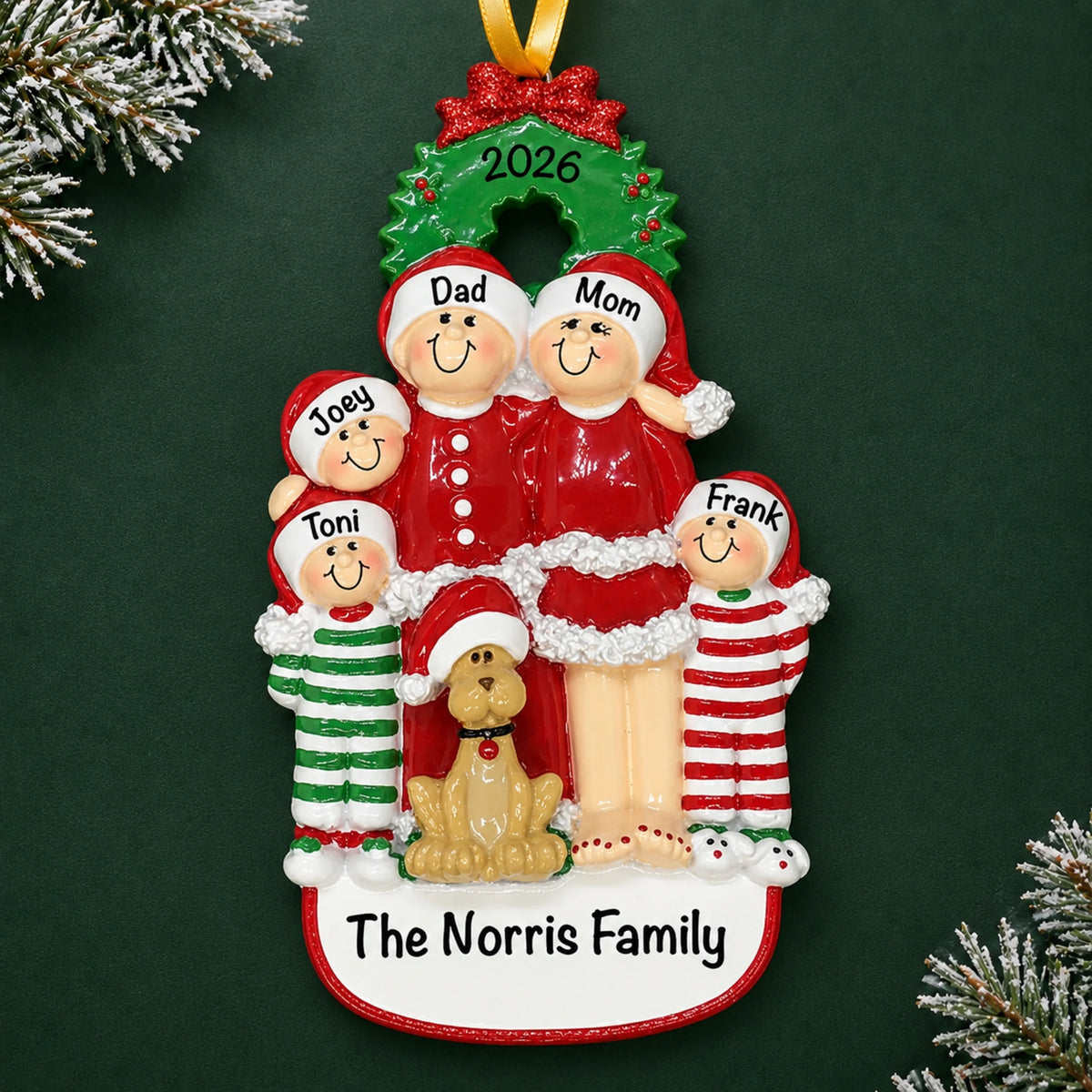 Personalized family of 5 with dog Christmas ornament with names and 2026 on a green background