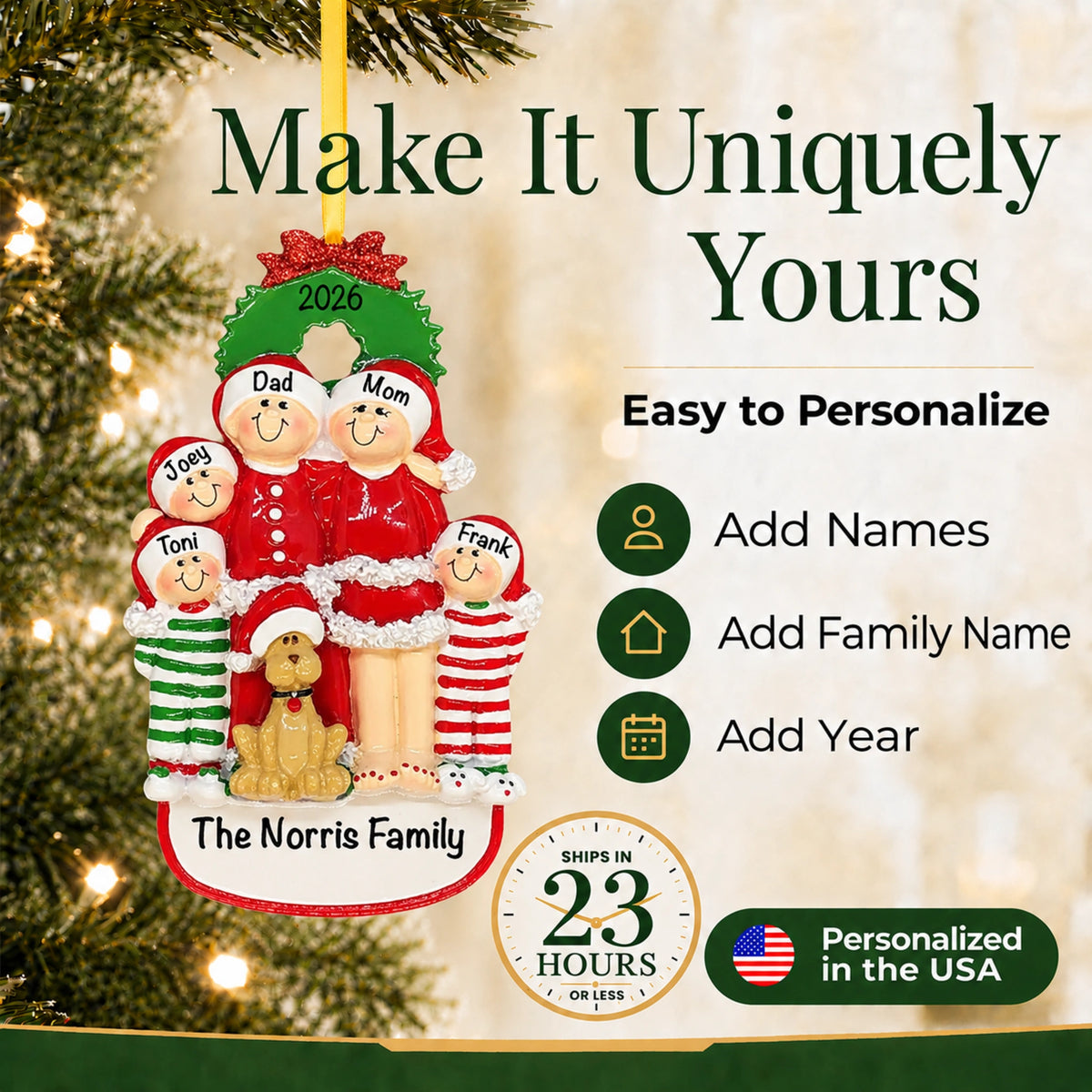 Family of 5 with dog personalized Christmas ornament, easy to add names, family name and year