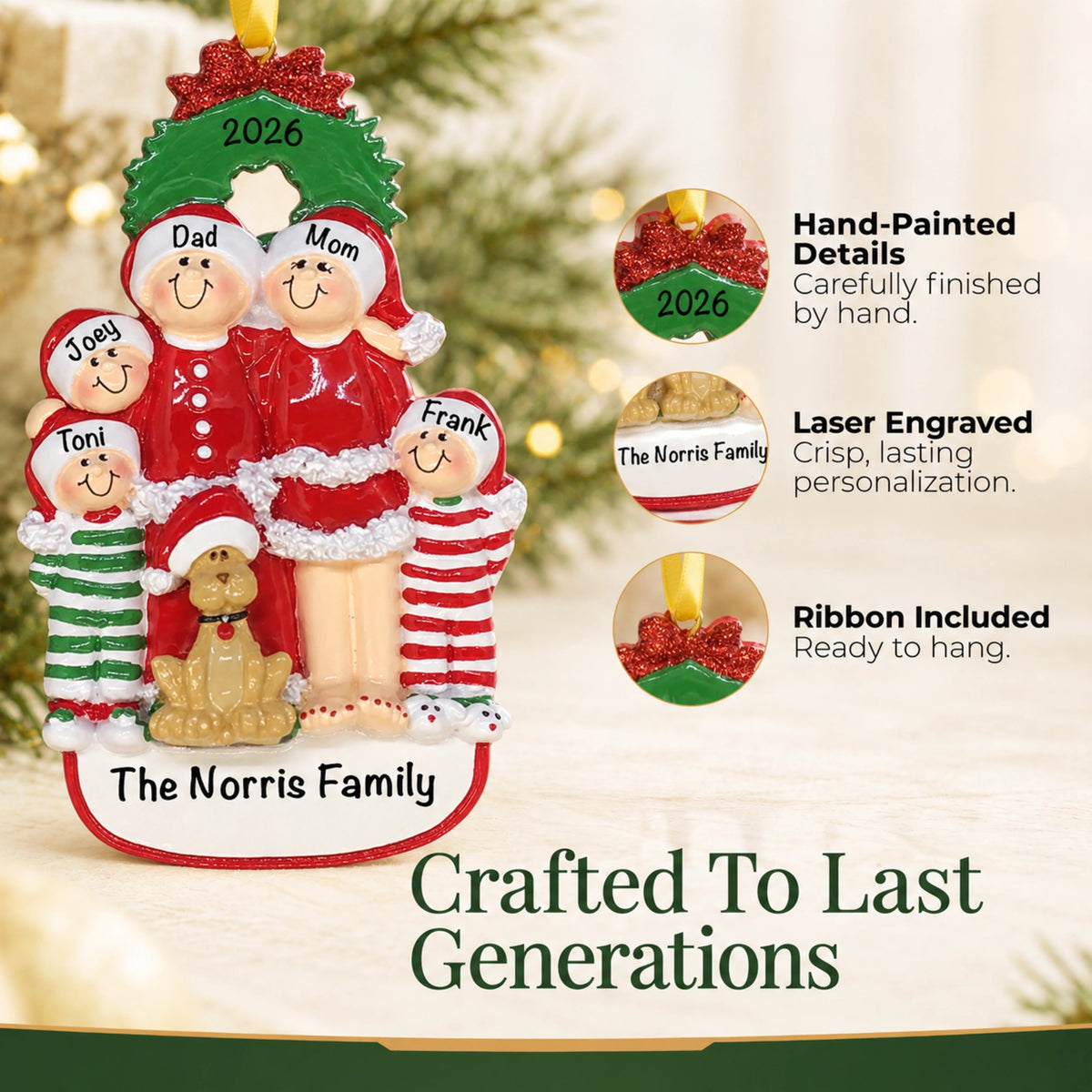 Hand-painted, laser-engraved family of 5 with dog ornament crafted to last generations