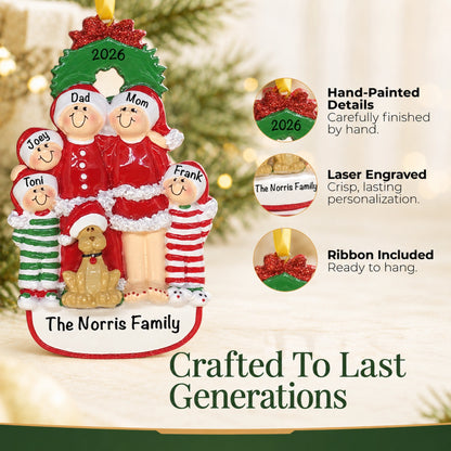 Hand-painted, laser-engraved family of 5 with dog ornament crafted to last generations