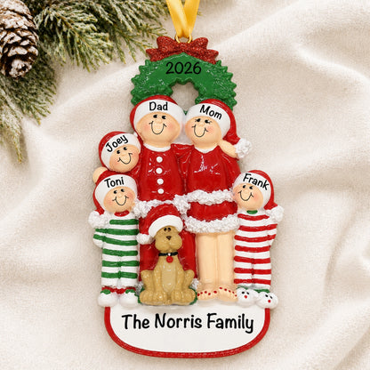 Personalized family of 5 with dog Christmas ornament with names on a soft blanket