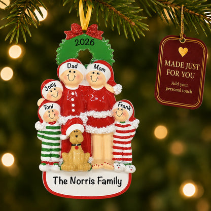 Personalized family of 5 with dog ornament hanging on a tree with Made Just For You tag