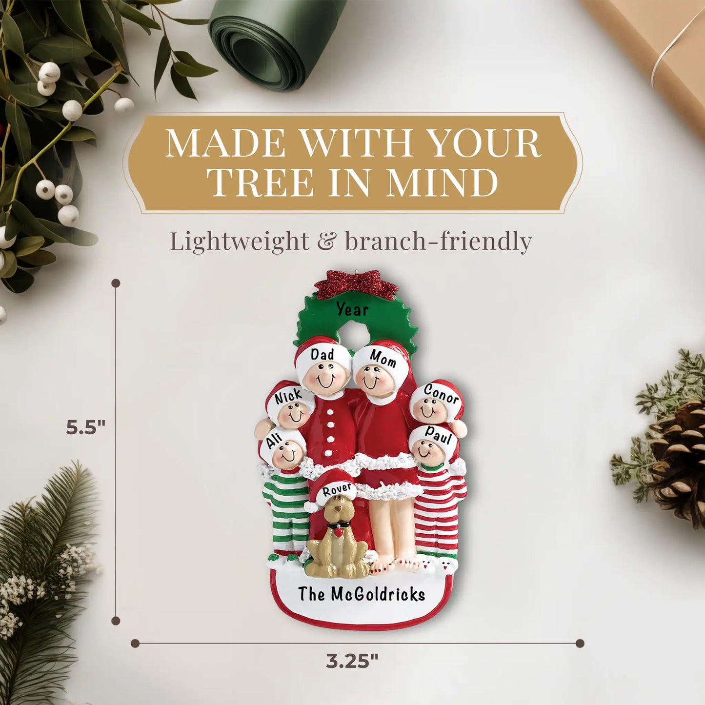 Christmas Family Of 6 With Dog Christmas Ornament