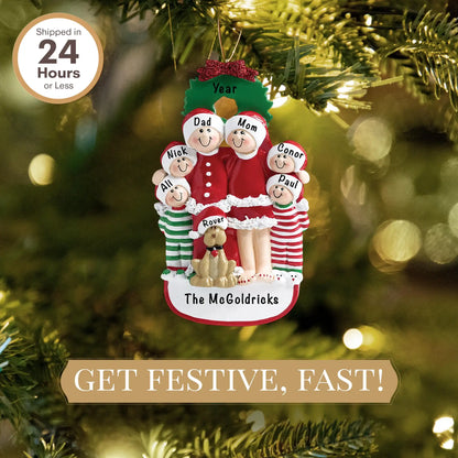 Christmas Family Of 6 With Dog Christmas Ornament