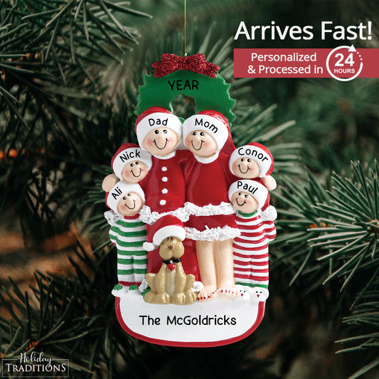 Christmas Family Of 6 With Dog Christmas Ornament