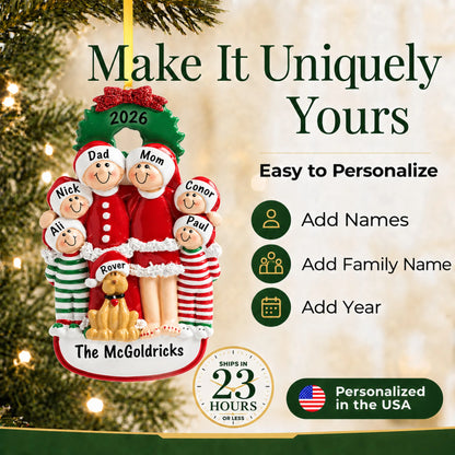 Make it yours: add names and year to the personalized family of 6 with dog christmas ornament
