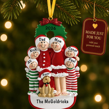 Family of 6 with dog christmas ornament hanging on a lit Christmas tree with a Made Just For You gift tag
